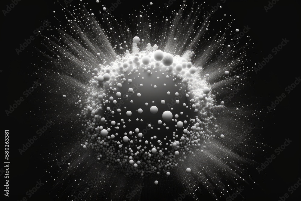 The particles are white spheres against a black background. Abstract White Particle Scenery. Particl