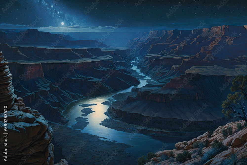 The Grand Canyon at night, as seen from Desert View Point, is a beautiful sight. The Colorado River 