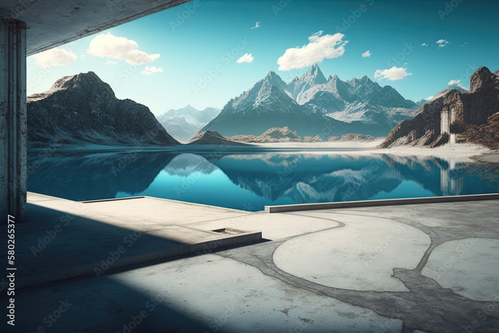 View of the mountains and a blue lake from the empty concrete floor. in the background of the parkin