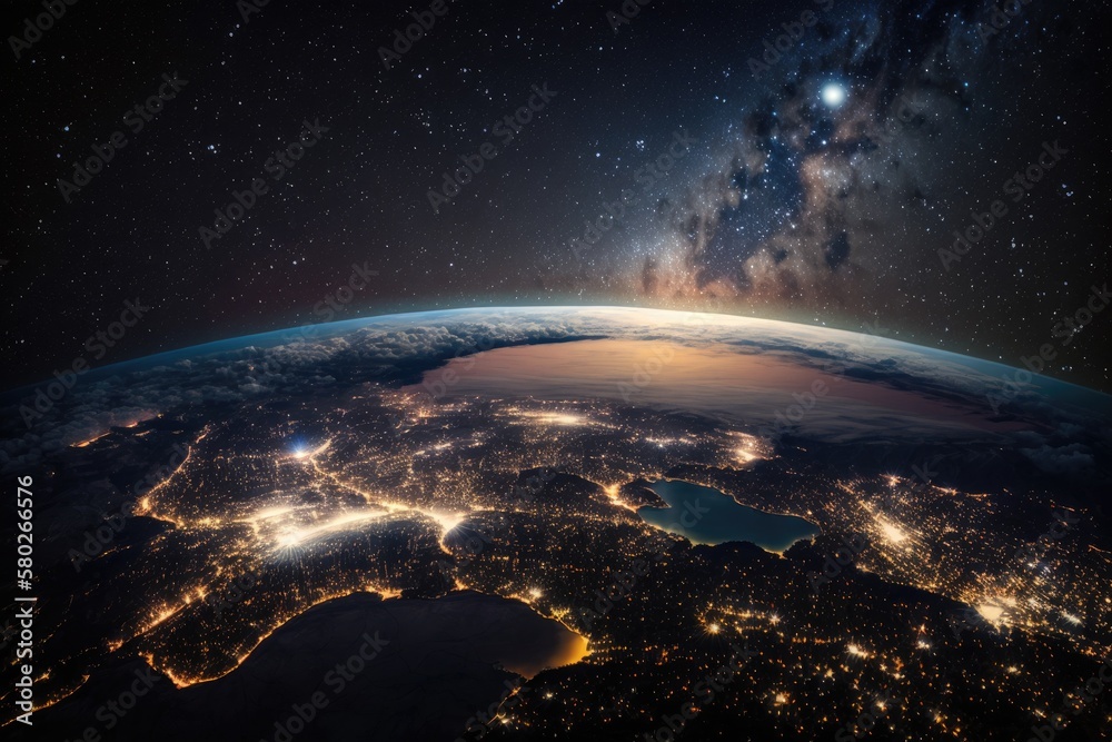 View of Earth at night from a great height. While stars shine above the clouds, city lights shine be