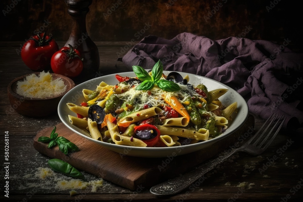 Salad with pasta and roasted veggies. A white plate of penne pasta topped with baked peppers, eggpla