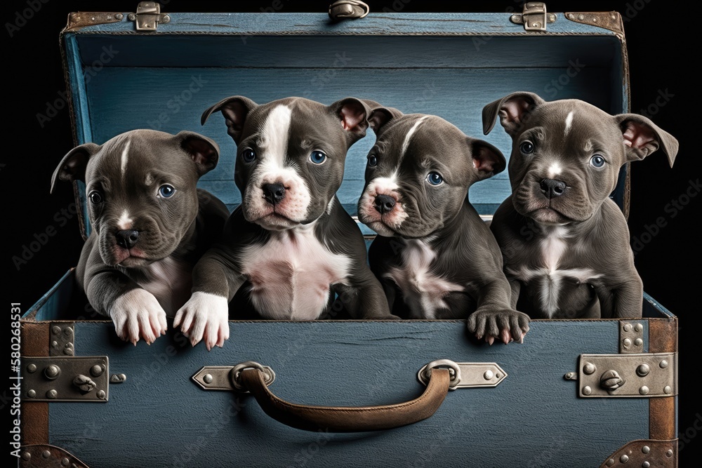 Photograph of four black American Staffordshire Terrier (AmStaff) puppies in a vintage suitcase on a