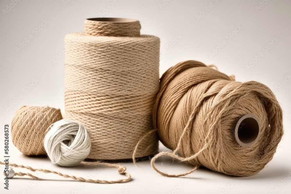 Separated from the white background, a twisted jute rope and spools of burlap threads or jute twine.