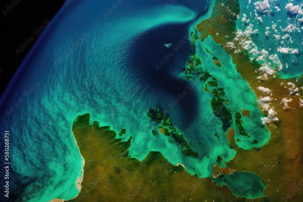 Phytoplankton blooms in the Great Lakes; an aerial photograph of a turquoise ocean taken against a b