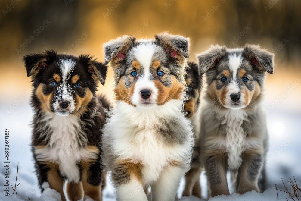 Puppies from a kennel of northern sled dogs in Alaska out for a walk on a snowy winter day. Photogra