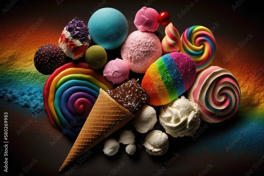 Sweets, ice cream, and candies in a rainbow of colors, perfect for the holiday season. Candies of ma