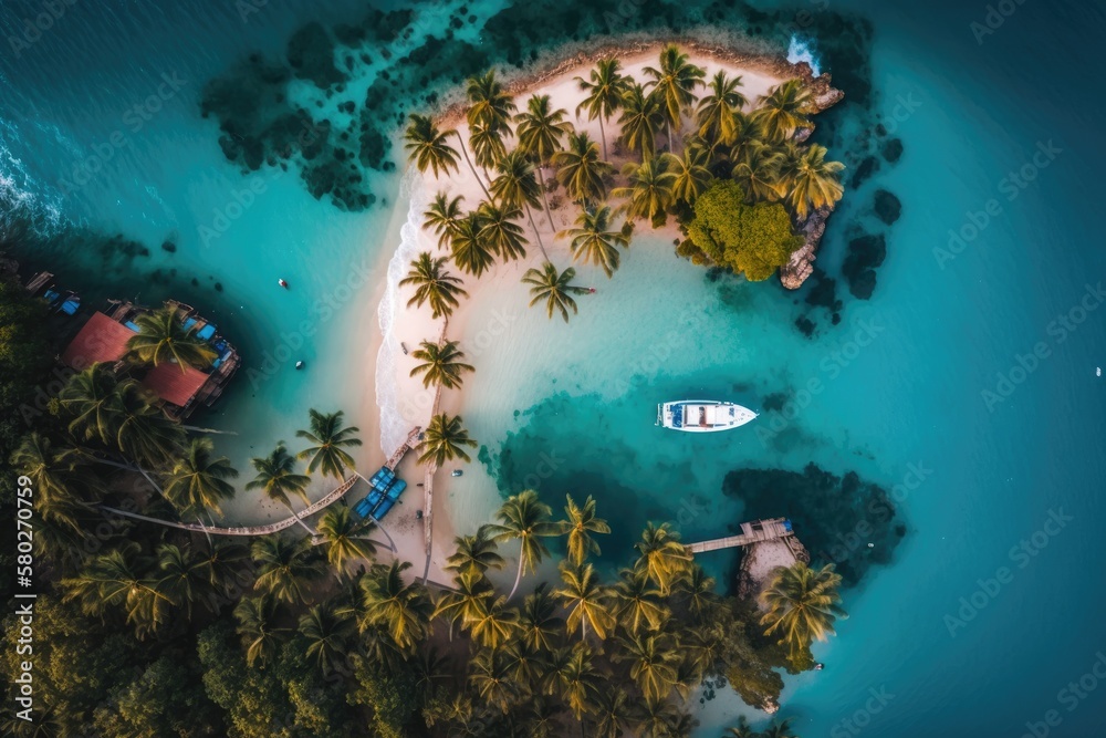 Stunning tropical island of Cayo Levantado, as seen from above by a drone, complete with palm trees 