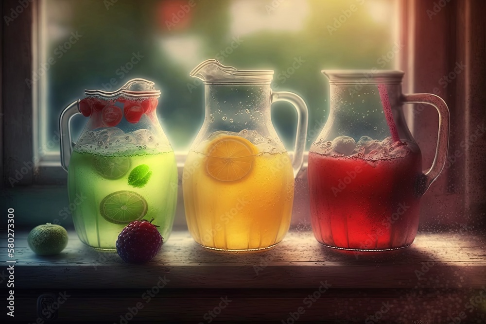  a group of pitchers filled with different types of drinks next to a window sill with fruit and a li