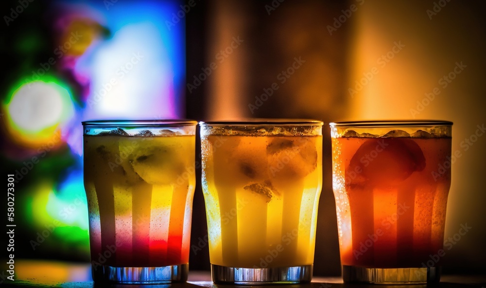  three glasses of different colored drinks on a table in front of a colorful light and a blurry back