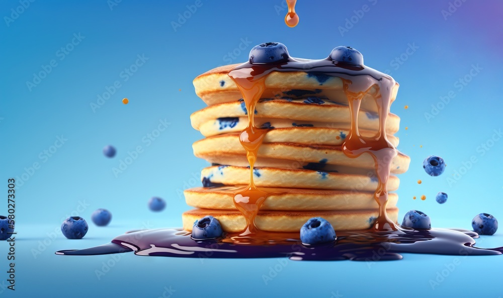  a stack of pancakes with blueberries and syrup on a blue background with drops of chocolate on the 