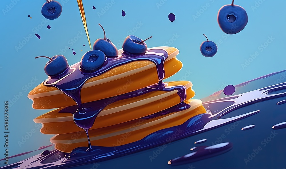  a stack of pancakes with blue liquid on top of them and blue berries on top of them, with a blue sk