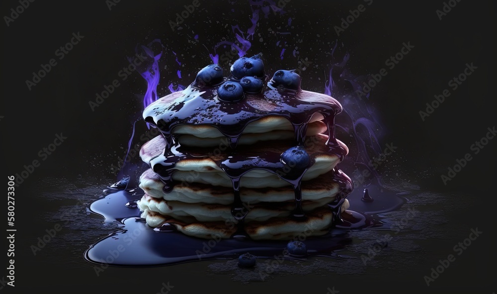  a stack of pancakes with blueberries on top of it with liquid pouring out of the top of the stack o