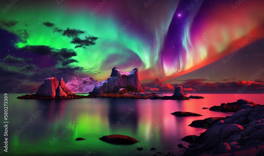  a colorful aurora bore over a body of water with mountains in the background and stars in the sky a