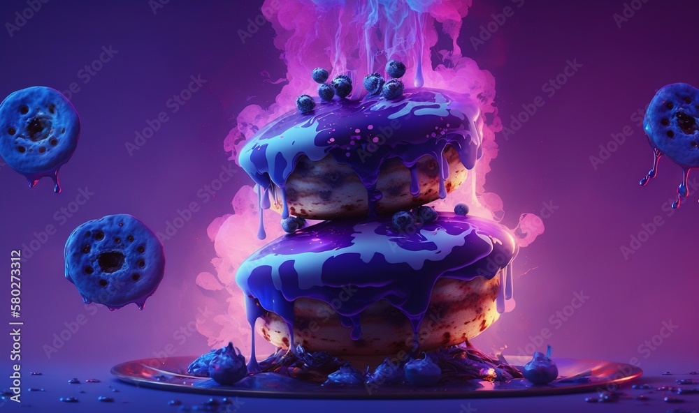  a three tiered cake with blue icing and sprinkles on a purple background with blue and pink smoke c