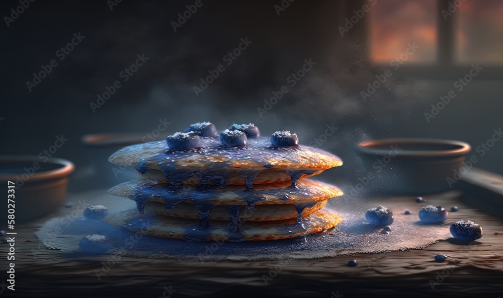  a stack of pancakes with blue icing on top of them on a table next to a potted plant and two cups o