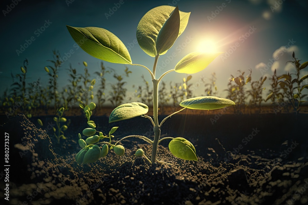 In the field, a tender young soybean sprout reaches upwards toward the sun. Fields of crops being gr