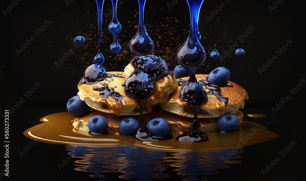  a stack of pancakes with blueberries and syrup on top of them on a black background with a splash o