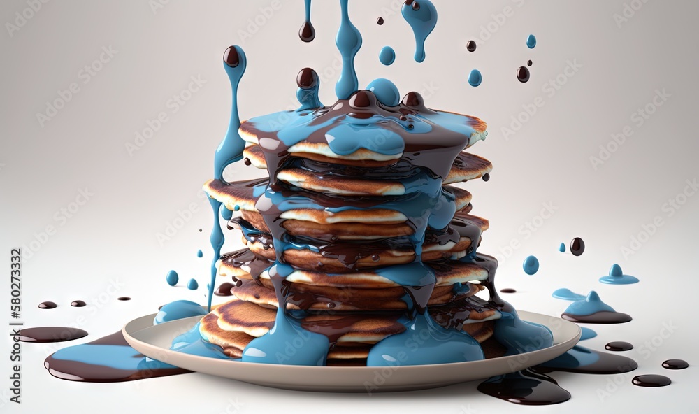  a stack of donuts with blue icing and chocolate syrup on top of them, on a white plate with a white