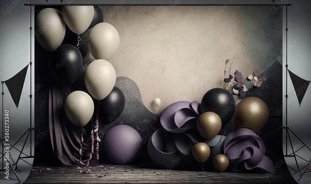  a backdrop with balloons and streamers in a dark room with a white wall and black and gold balloons