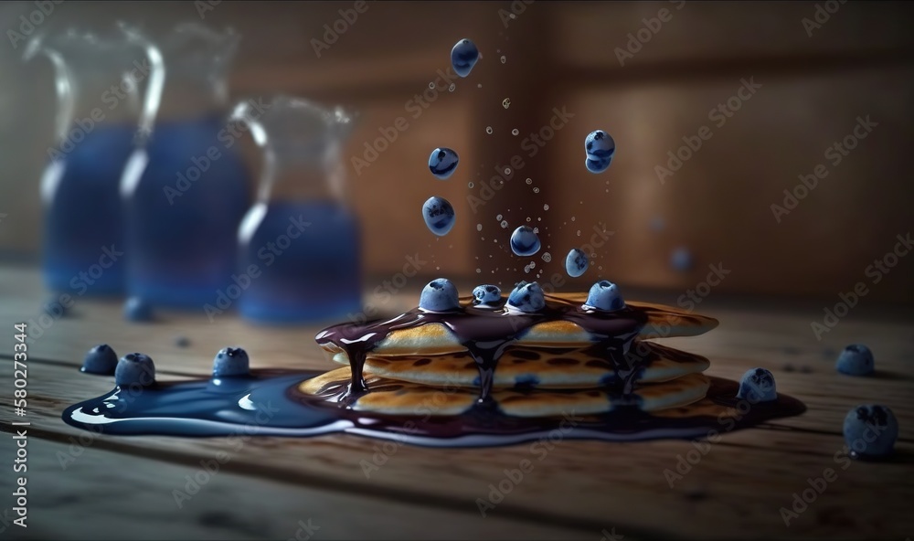  a stack of pancakes with syrup and blue bottles in the background on a wooden table with a wooden t