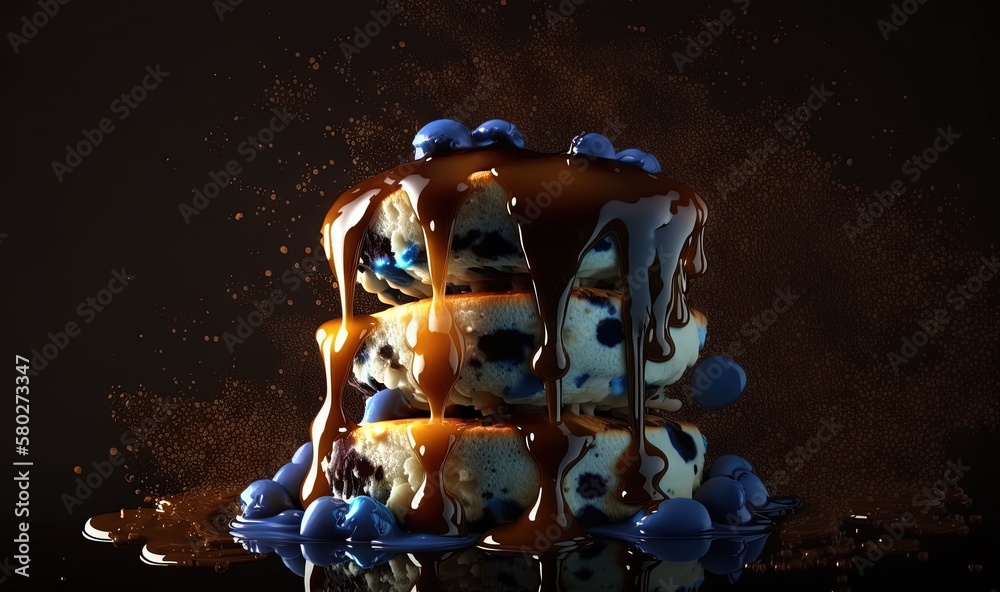  a chocolate cake with blue and orange icing on a black surface with a reflection of the cake in the