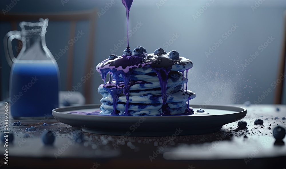  a blue cake with purple icing on a plate with a jug of milk in the background and a blue bottle of 