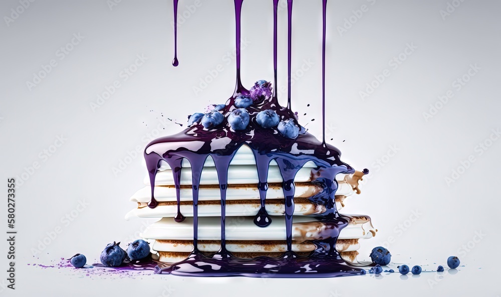  a stack of pancakes covered in blueberries and drizzled with purple syrup on a white background wit