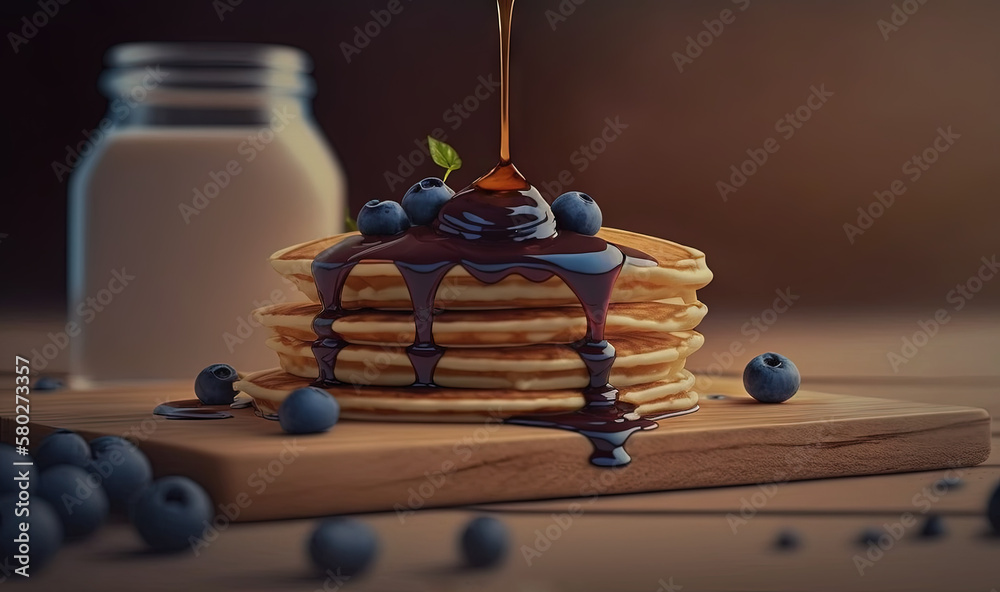  a stack of pancakes with syrup and blueberries on a cutting board next to a bottle of milk and a wo