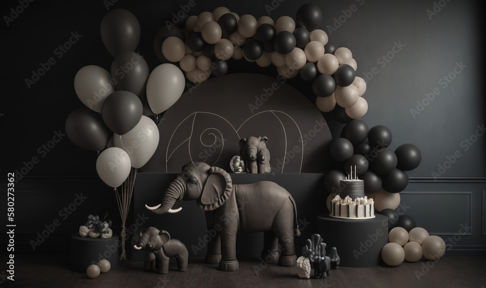  a room with balloons, a cake and an elephant statue on the floor and a wall with a arch of balloons