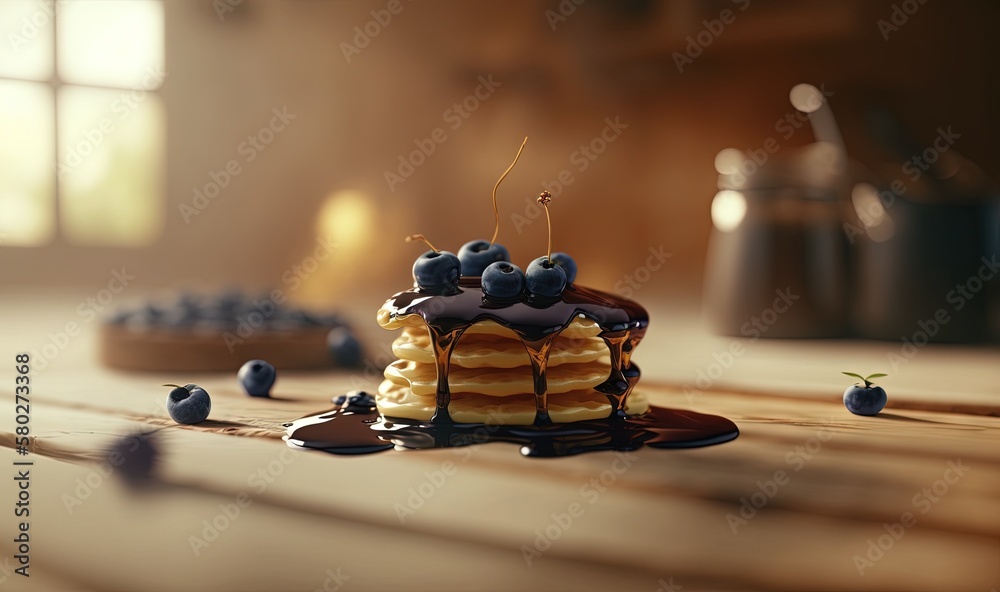  a pancake with blueberries and syrup on a wooden table in a kitchen with a pot of blueberries and s