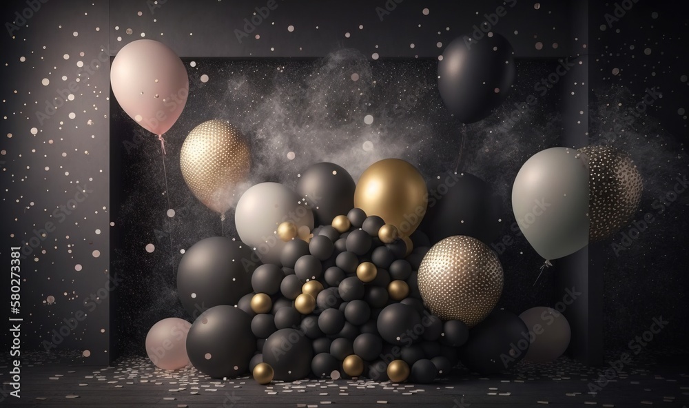  a bunch of balloons floating in the air with a black background and gold and silver balloons in the