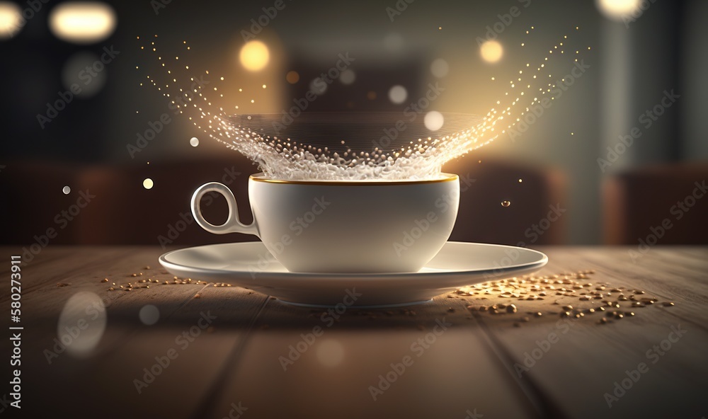  a cup of coffee with a splash of sugar on top of it on a wooden table in a dark room with boke of l