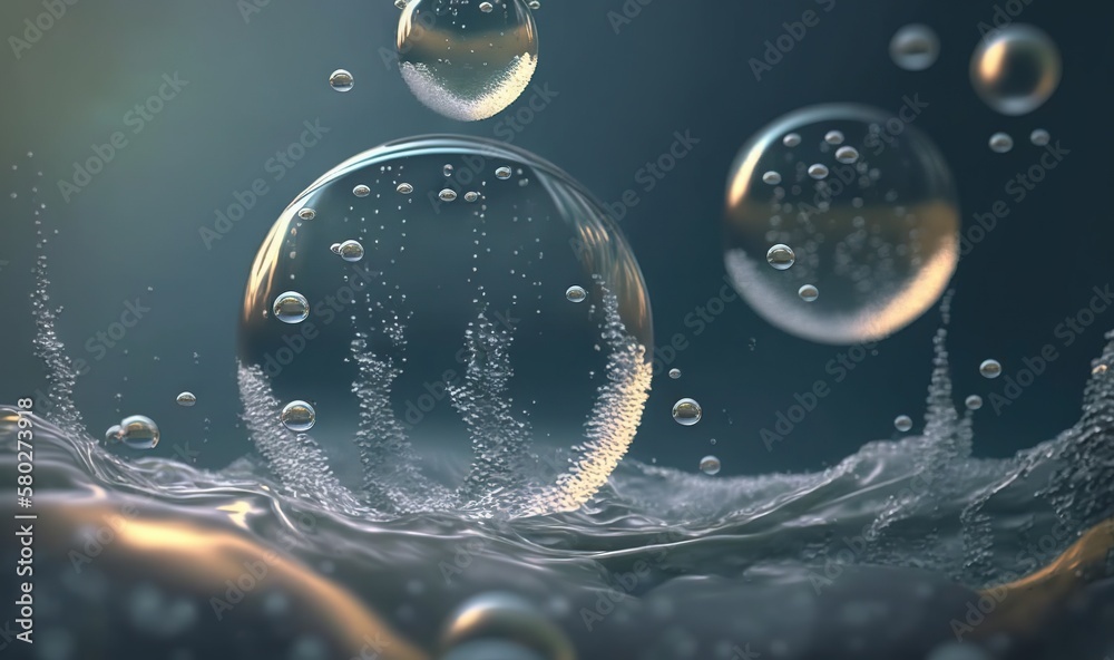  a group of bubbles floating in the air with water droplets around them on a black background with a