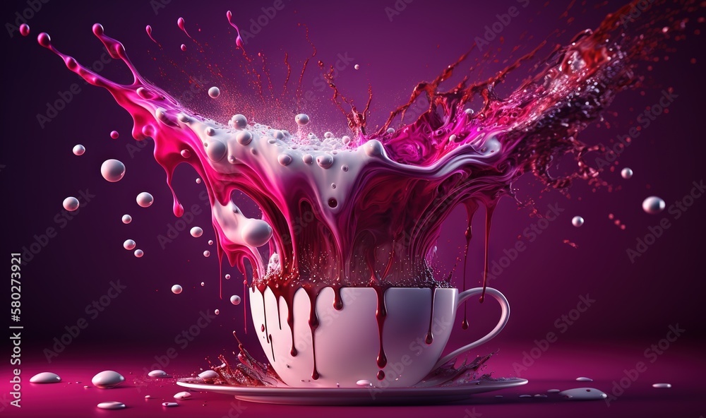  a cup of liquid with a splash of pink and white liquid on it, with drops of water coming out of the