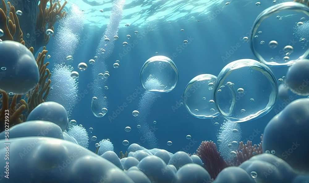  a bunch of bubbles floating in the air over a coral reef with corals and other marine life in the w