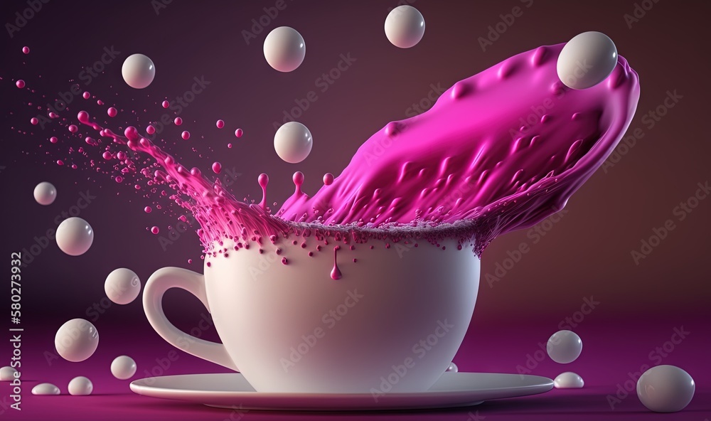  a cup of coffee with a splash of pink liquid in it and bubbles around it on a purple background wit