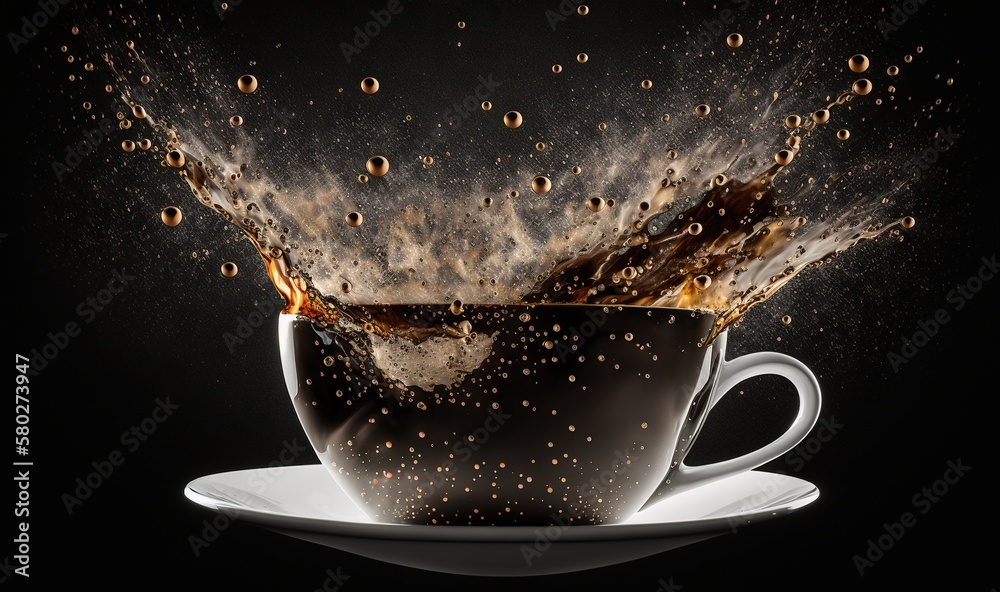  a cup of coffee with water splashing out of it on a saucer on a black background with a splash of w