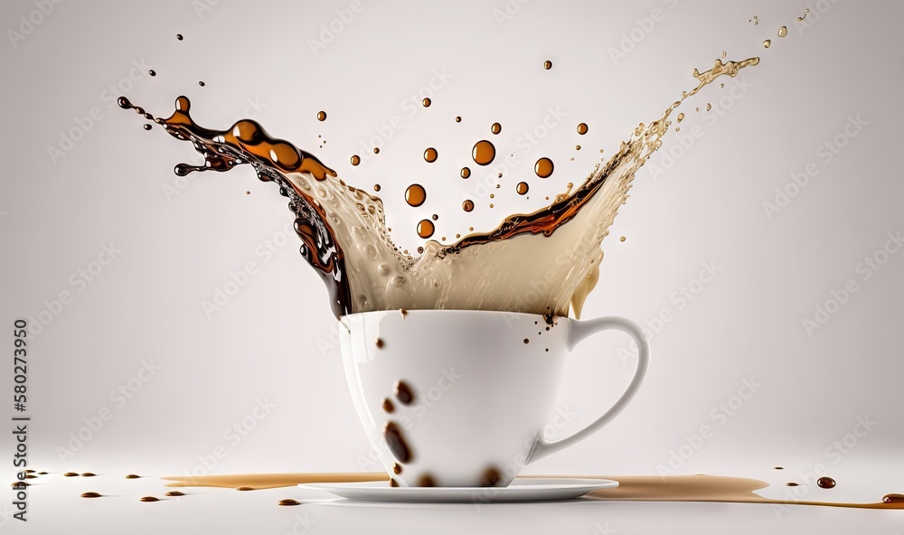  a splash of liquid in a white cup on a saucer on a white tablecloth with brown spots on the floor a