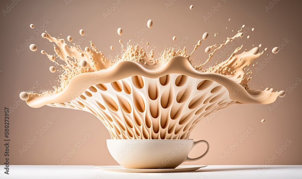  a cup of coffee with a splash of milk on top of it, in the shape of a mushroom, on a white table, w