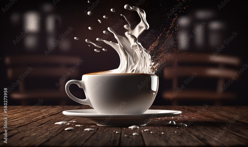  a cup of coffee with a saucer on a wooden table with a blurry background of a chair and a table wit