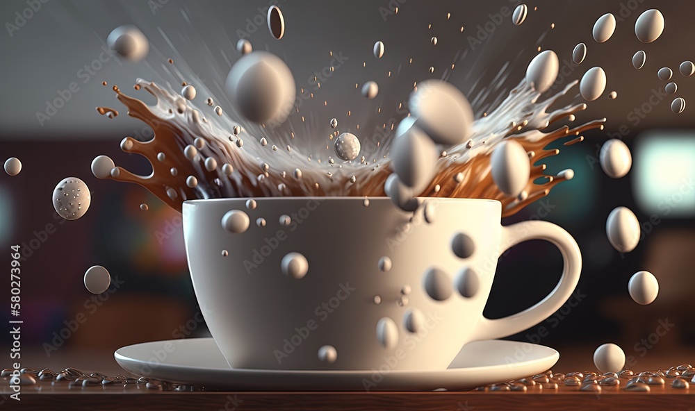  a cup of coffee with water splashing out of the top and a plate on the side of the cup on a table w