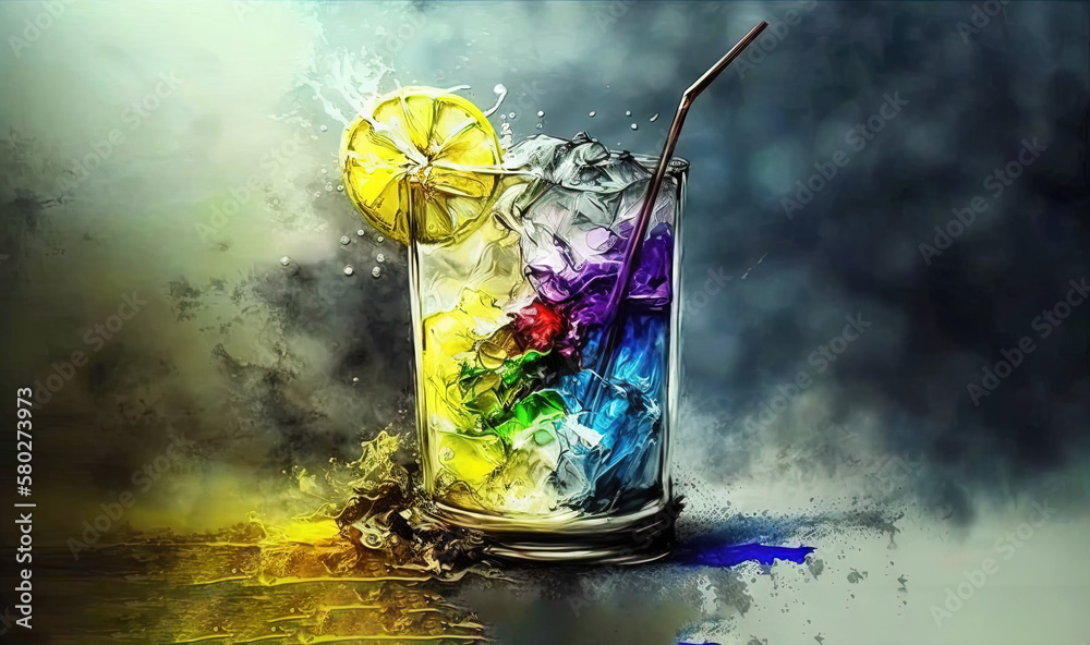  a painting of a colorful drink with a straw and a lemon on the rim, with smoke and water behind it,