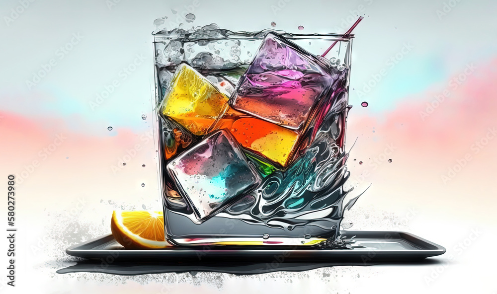  a glass of ice water with a slice of orange on a tray with water splashing on it and a slice of lem