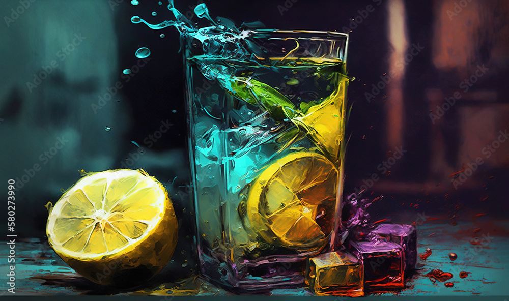  a painting of a glass of water with lemons and ice cubes on a table next to a slice of lemon and a 