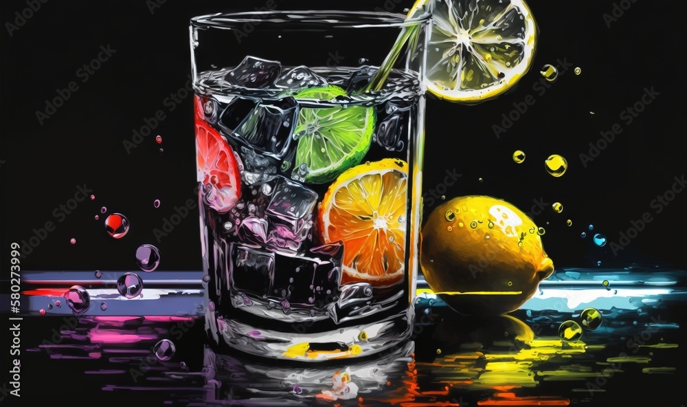  a painting of a glass of water with lemons and limes on the side of the glass and a half of the gla