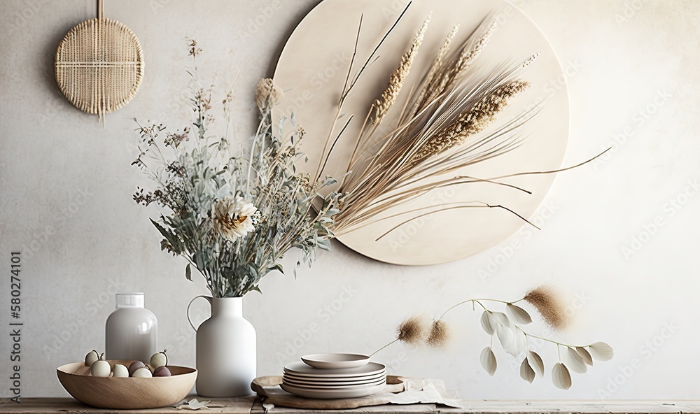  a table topped with plates and vases next to a vase filled with flowers and plants on top of a wood