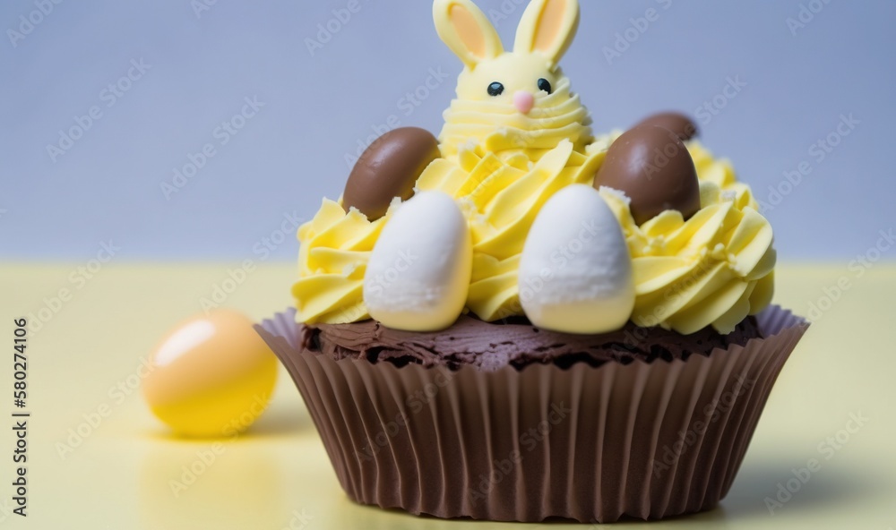  a chocolate cupcake with yellow icing and a bunny on top of it with chocolate eggs in the middle of