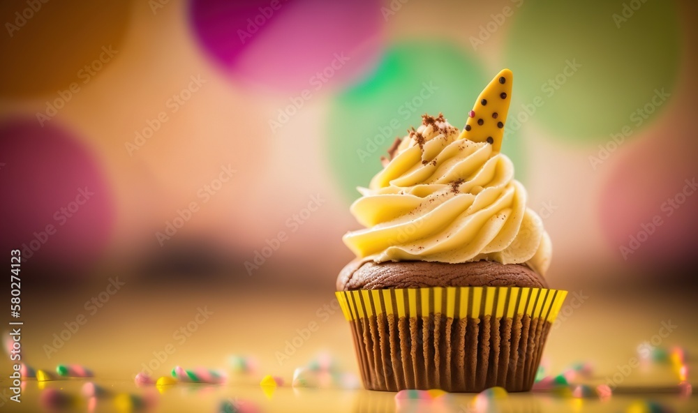  a cupcake with a birthday candle sticking out of its center surrounded by confetti and streamers o