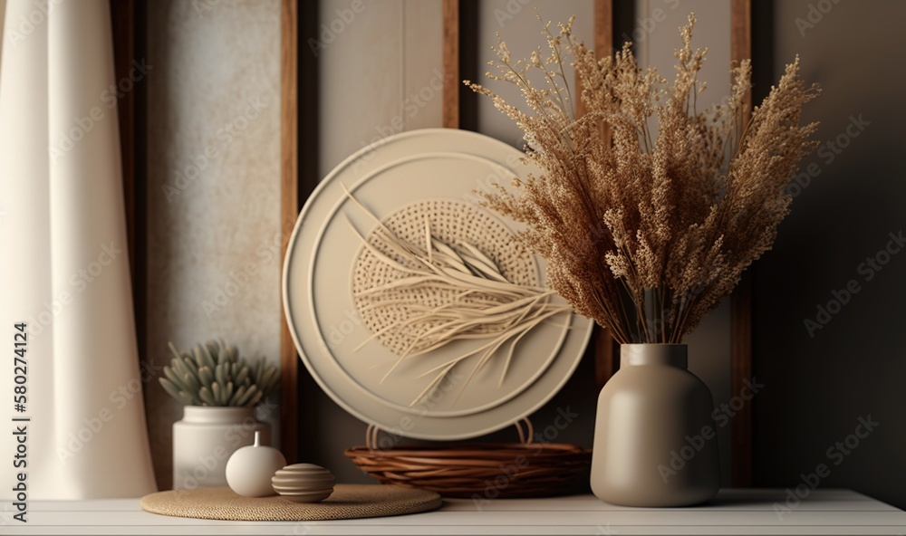  a vase with some dried plants in it next to a plate and a vase with a plant in it on a shelf next t