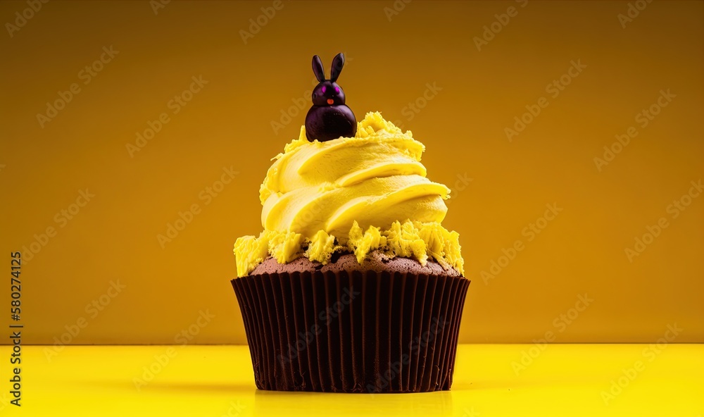  a chocolate cupcake with yellow frosting and a bunny on top of it on a yellow surface with a yellow